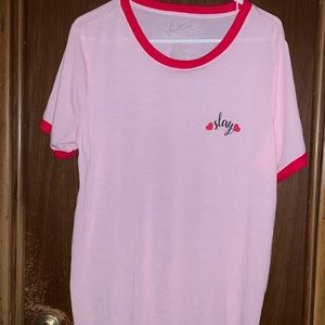 DOE Pink and red Slay short sleeved T-shirt.